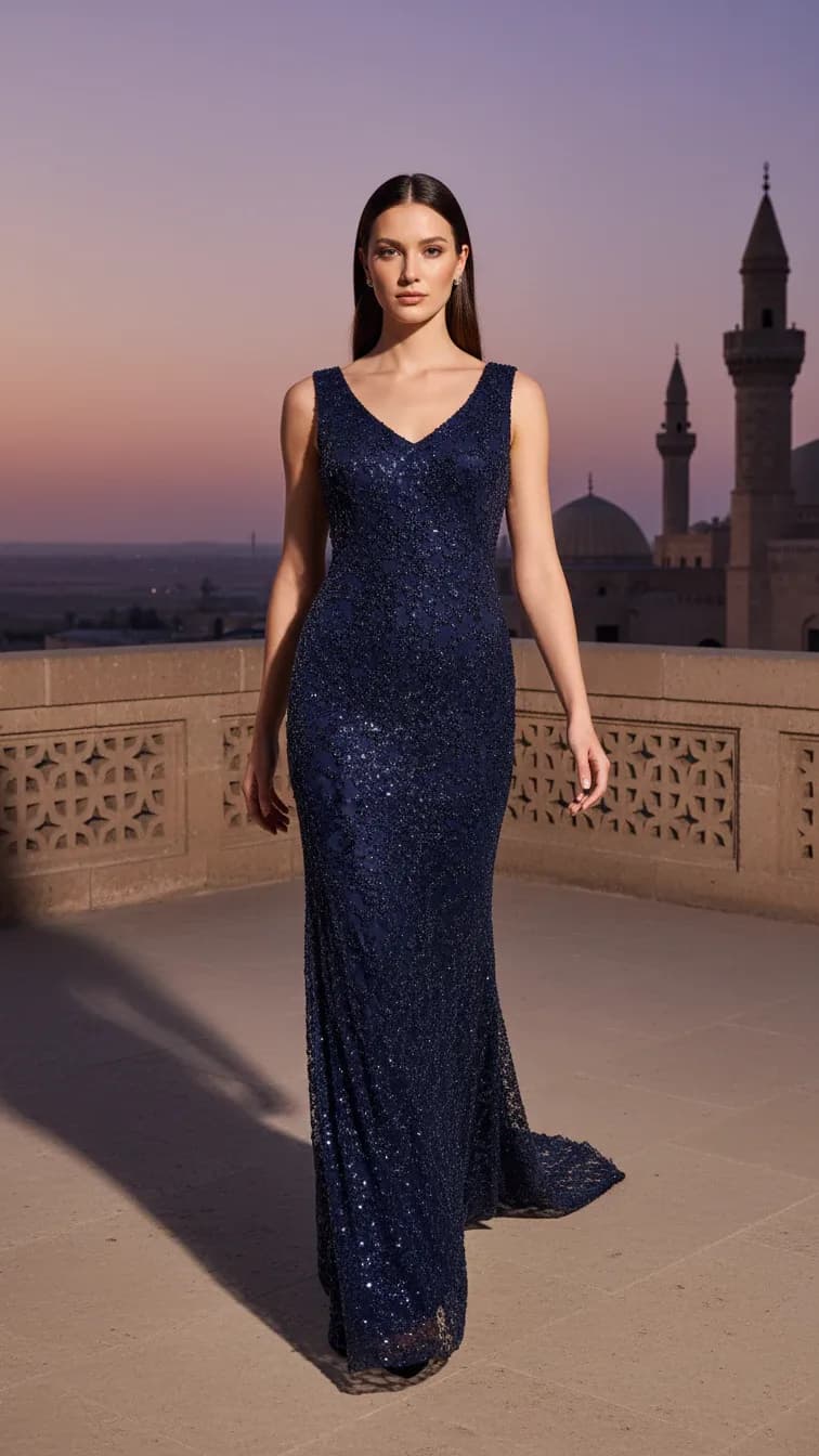 Evening Dress 25230 in Oil Green, detail view