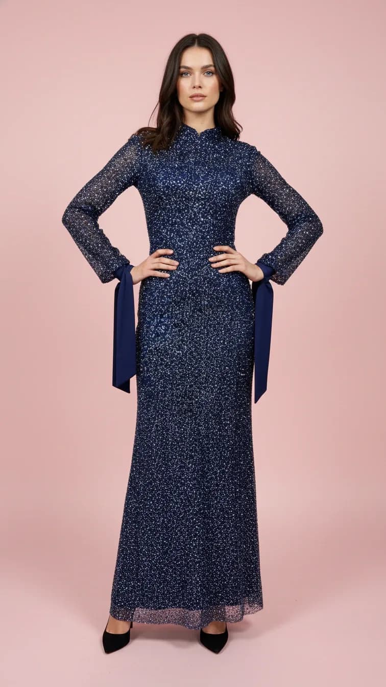 Modest Evening Dress 25238 in Gold, back view