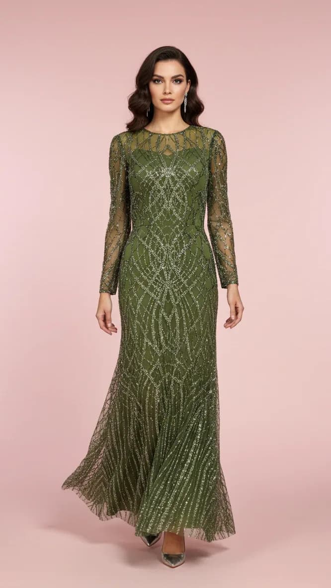 Evening Dress 25243 in Oil Green, back view