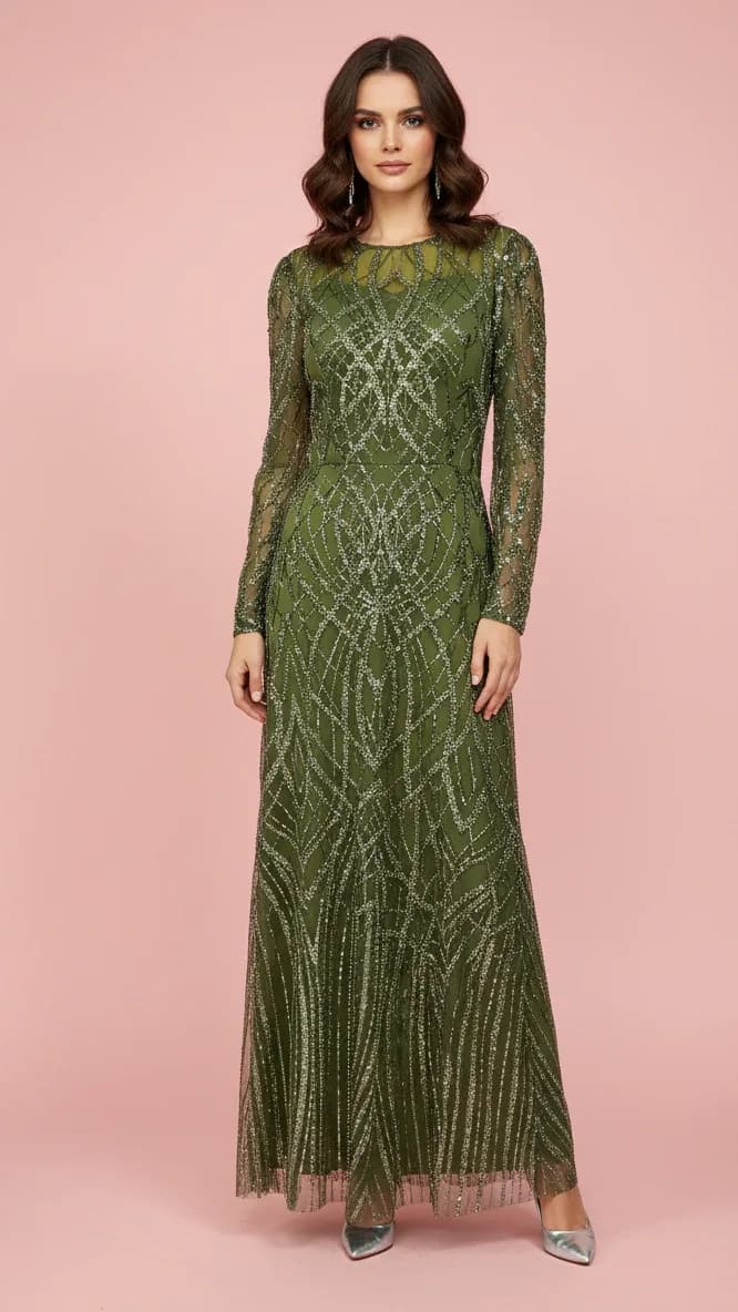 Evening Dress 25243 in Oil Green, front view